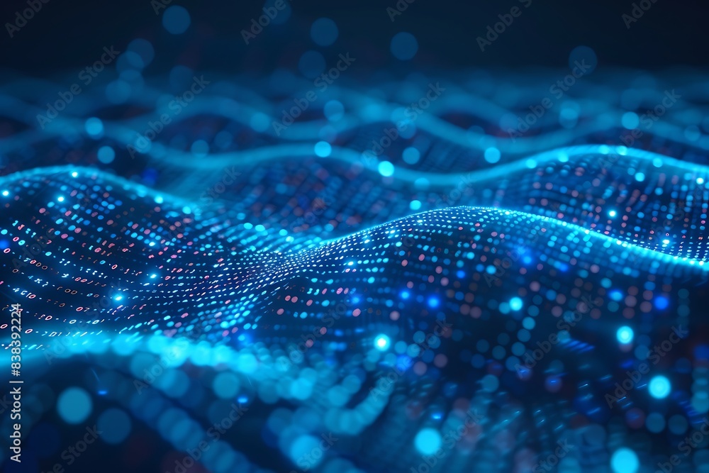Aufkleber abstract digital blue wave with glowing particle dots. futuristic technology background with vibrant