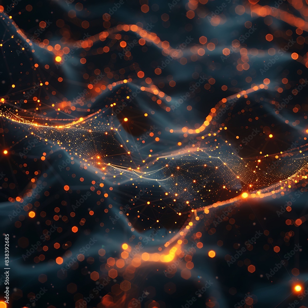 Poster abstract digital landscape of interconnected particles and glowing lines, creating a futuristic and 