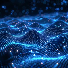 Abstract digital landscape with blue and black tones, featuring glowing dots and wave patterns, capturing a futuristic and technological theme.