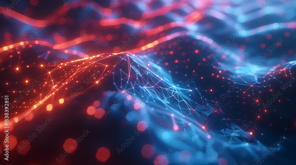 Aufkleber abstract digital landscape with dynamic glowing red and blue light network, representing data flow, 