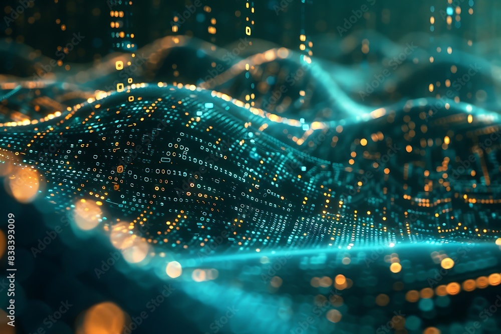Poster abstract digital landscape with flowing data visualization. futuristic technology concept in blue an