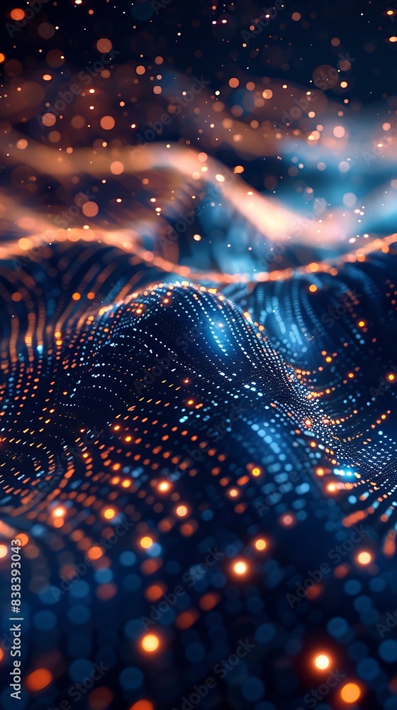 Poster abstract digital landscape with flowing lines and glowing dots, representing data and technology. pe