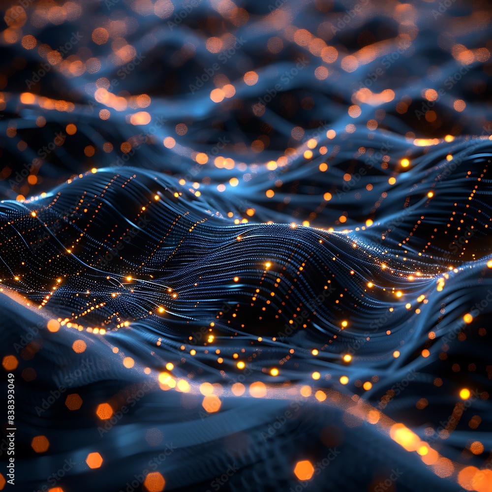 Poster abstract digital landscape with flowing lines and glowing dots, representing data, technology, and f