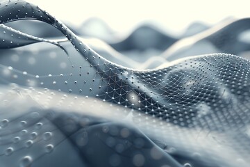 Abstract digital landscape with flowing mesh structures and dots, representing data waves and technology. Futuristic and dynamic background. 3D Illustration.