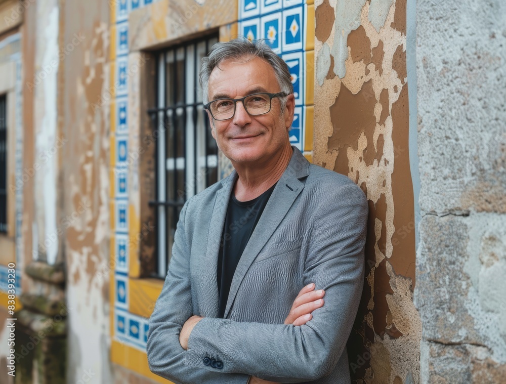 Poster a man in a gray jacket and glasses stands in front of a building with blue tiles. he is smiling and 