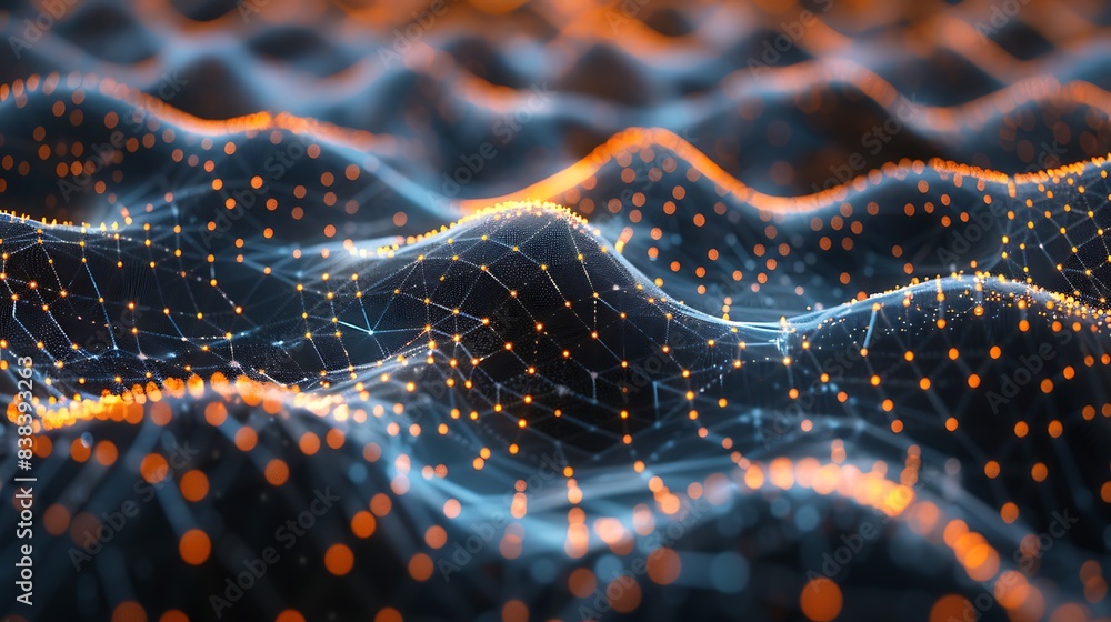 Poster abstract digital landscape with glowing dots and connecting lines, depicting data flow and technolog