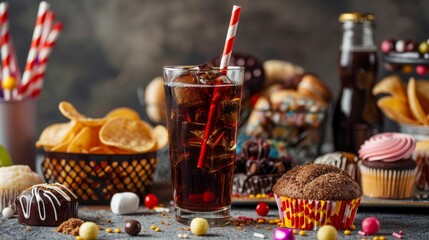 Fototapeta premium A table with a glass of soda, a cupcake, and a muffin. The table is covered with various snacks and desserts, including a bowl of chips and a cup of coffee