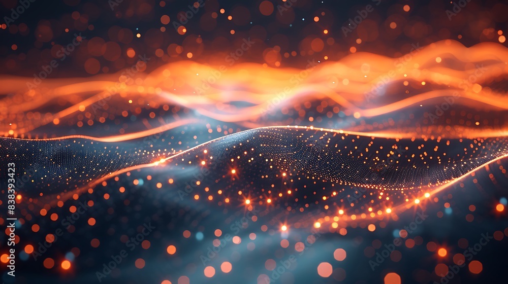 Poster abstract digital landscape with glowing dots and lines, representing data or network connections in 