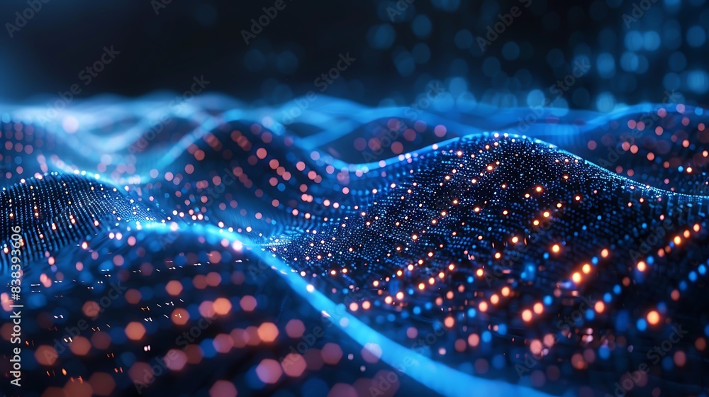 Poster abstract digital landscape with glowing dots representing data and technology in a futuristic wave p