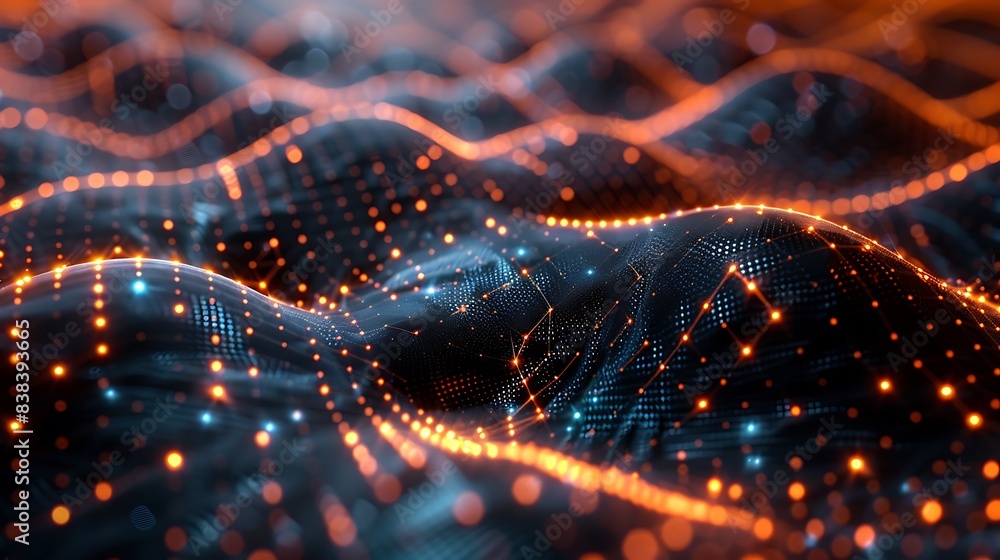 Poster abstract digital landscape with glowing orange and blue dots and lines creating a dynamic wave patte