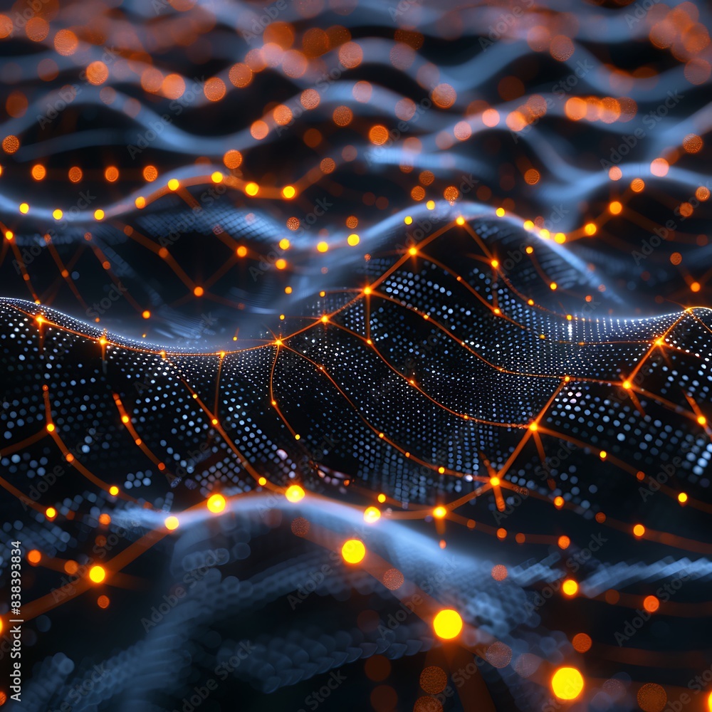 Poster abstract digital landscape with glowing orange lights and wavy lines representing data flow and comm