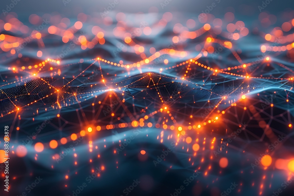 Poster abstract digital landscape with glowing orange nodes and blue lines representing futuristic technolo
