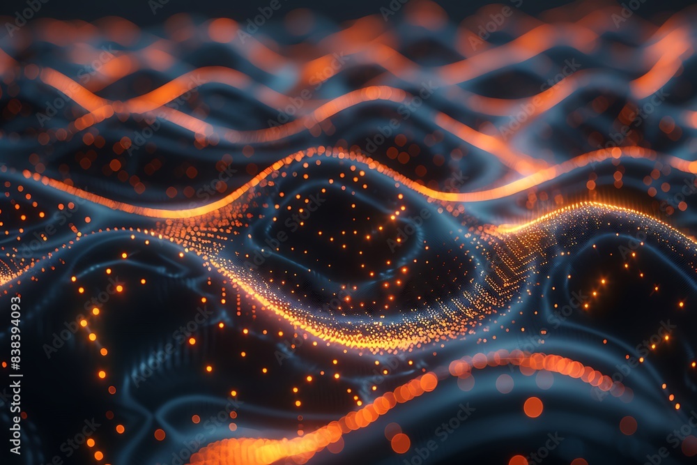 Poster abstract digital landscape with glowing particles and wavy patterns creating a futuristic and tech-i