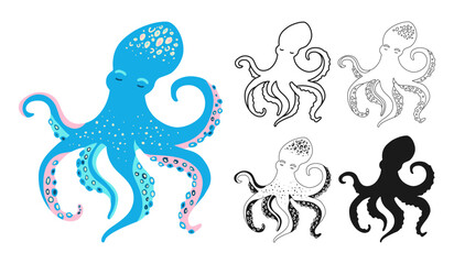 Sea octopus cartoon hand drawn sign set. Ocean cute octopus underwater swimming animal with tentacles flat silhouette, symbol linear design. Comic marine animal for children vector illustration