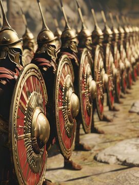 Hoplites lined up in formation with their shields and spears