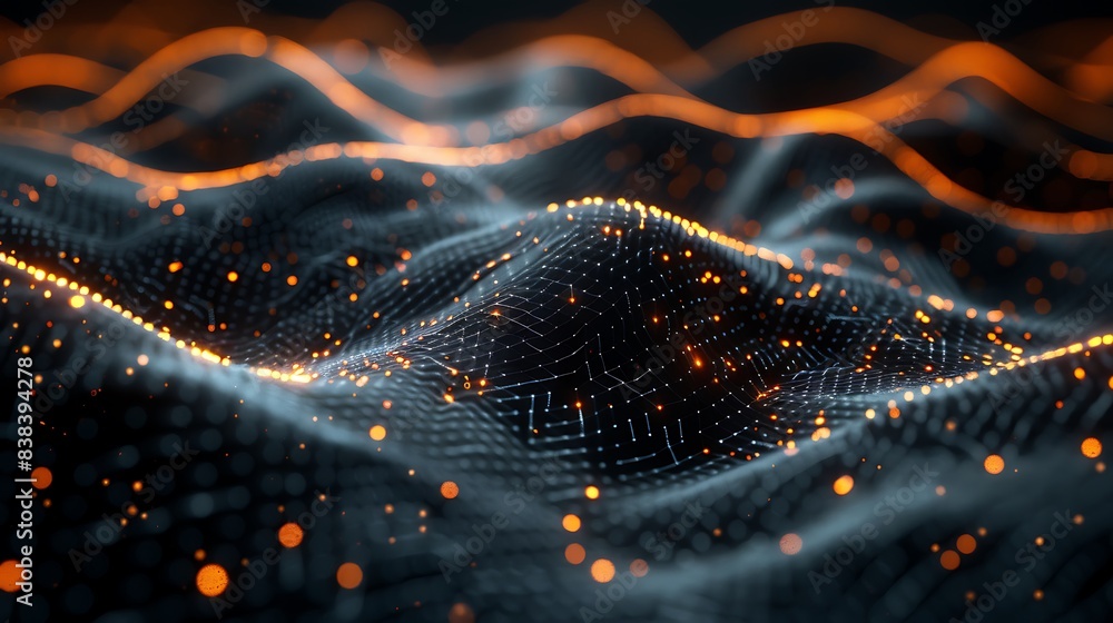 Poster abstract digital landscape with glowing points and lines forming a futuristic wave pattern, ideal fo