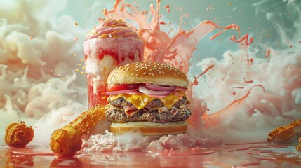 Colorful and delicious cheeseburger with a milkshake and fries, featuring vibrant and artistic food photography.