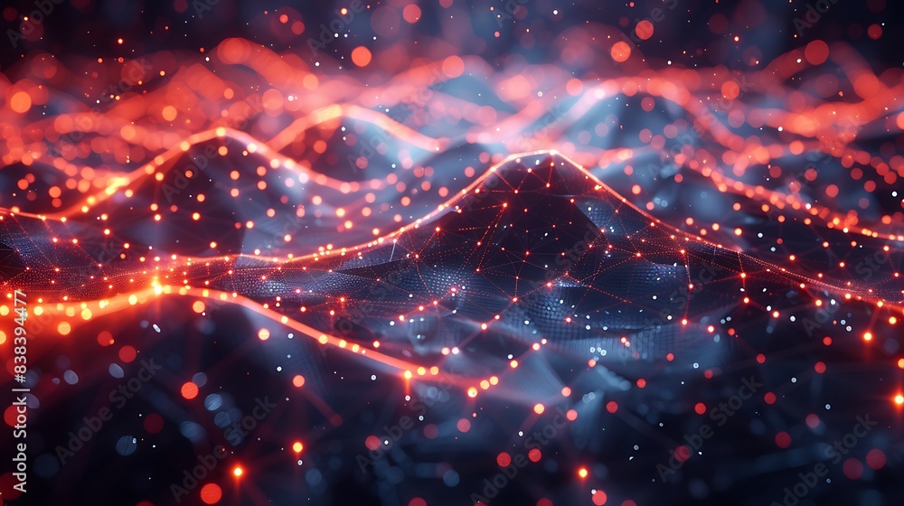 Poster abstract digital landscape with glowing red and blue particles, creating a futuristic and dynamic ba