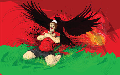 Albanian player football celebration goal eagle on background, illustration