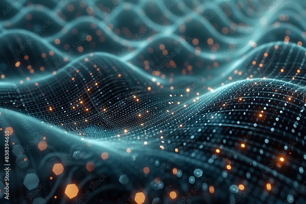 Poster abstract digital landscape with wave patterns and glowing particles, representing technology, data, 