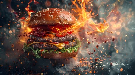 Epic flaming burger with fire and smoke, showcasing a delicious and spicy grilled hamburger. Perfect for food and barbecue enthusiasts.