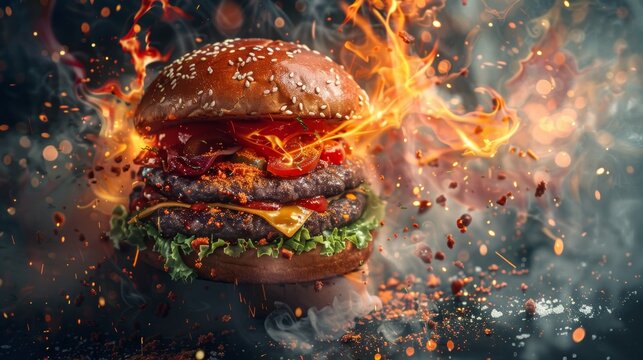 Epic flaming burger with fire and smoke, showcasing a delicious and spicy grilled hamburger. Perfect for food and barbecue enthusiasts.