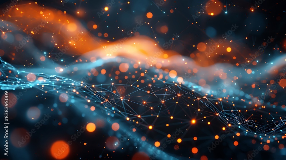 Poster abstract digital network background with glowing nodes and lines, illustrating connectivity, data fl