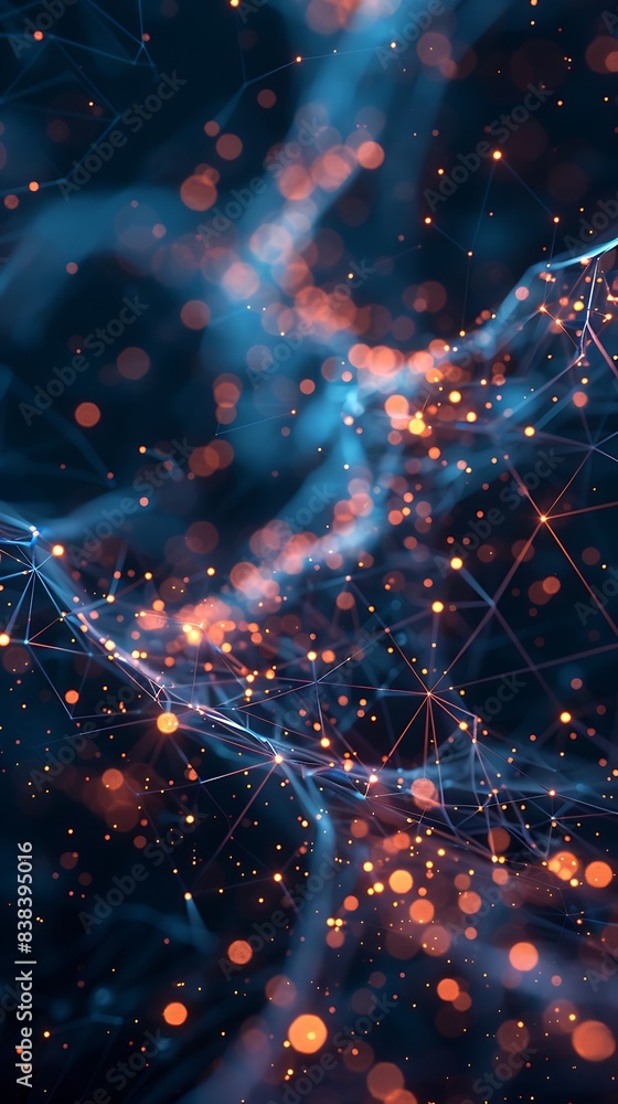 Poster abstract digital network background with glowing nodes, connecting lines, and blue and orange colors