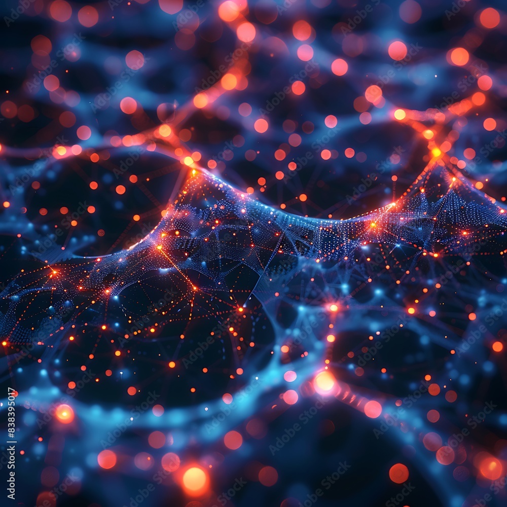 Poster abstract digital network background with glowing orange and blue connections symbolizing data commun