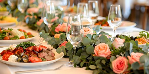 Wedding table adorned with pink eucalyptus floral garland and Italian cuisine. Concept Wedding Decor, Floral Garland, Italian Cuisine, Table Setting, Wedding Reception