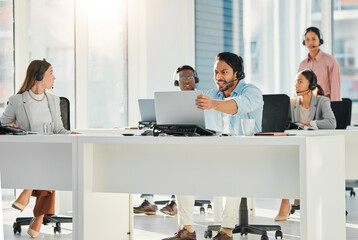 Angry man, call center and laptop in mistake, fail or difficult customer in contact us at office....