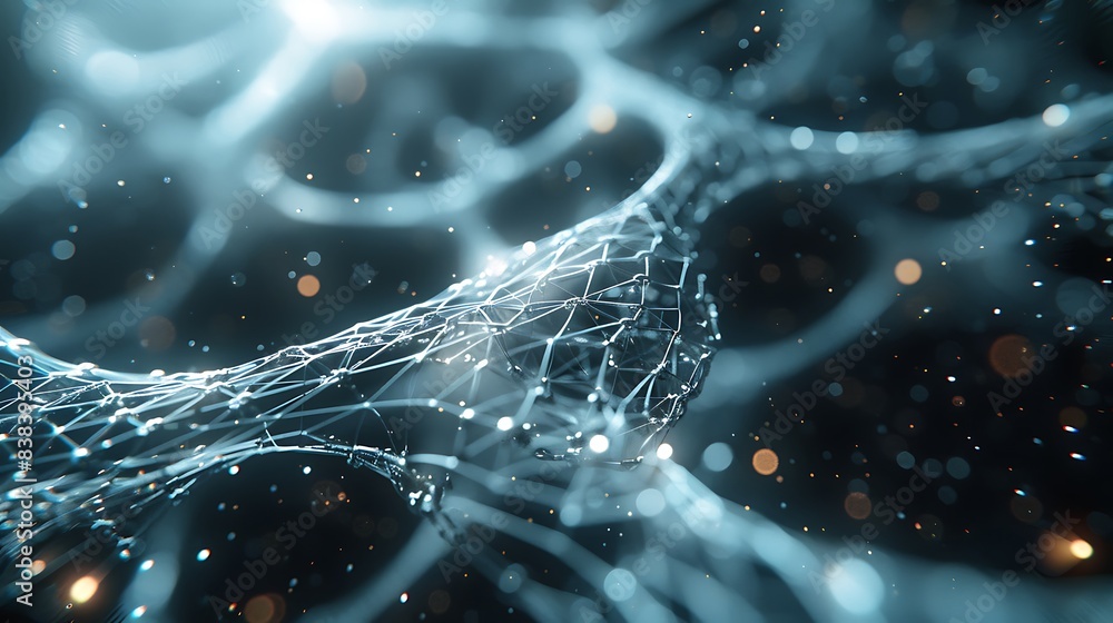 Poster abstract digital network representation with glowing connections and particles on a dark background.