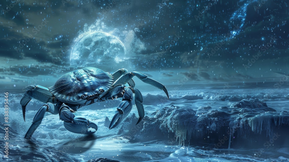 Poster moonlit ocean scene with a crab, symbolizing sensitivity and depth generative ai