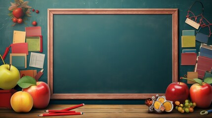 Colorful back-to-school frame with assorted stationery, books, and supplies on a white background.

