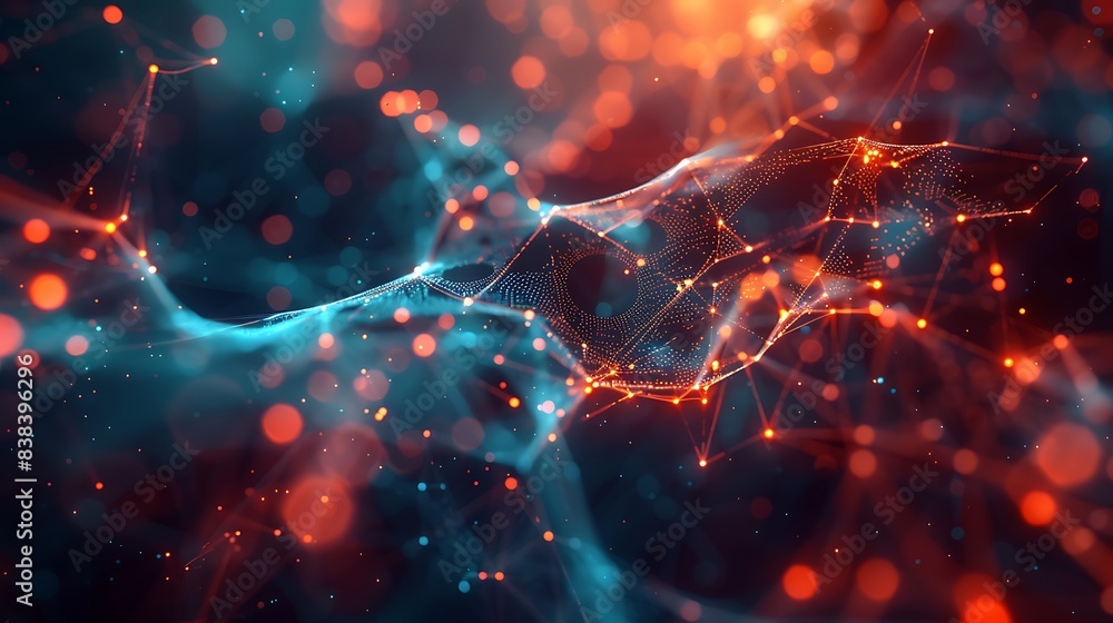 Poster abstract digital network with glowing lights and interconnected nodes, illustrating a futuristic and