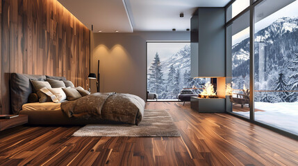 Modern bedroom with hardwood floors and a warm fireplace