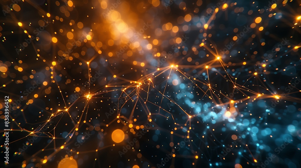 Poster abstract digital network with glowing nodes and connections in blue and orange, representing data vi