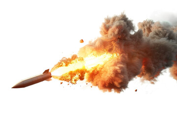 Rocket Launch with Fiery Explosion and Smoke on a transparent background