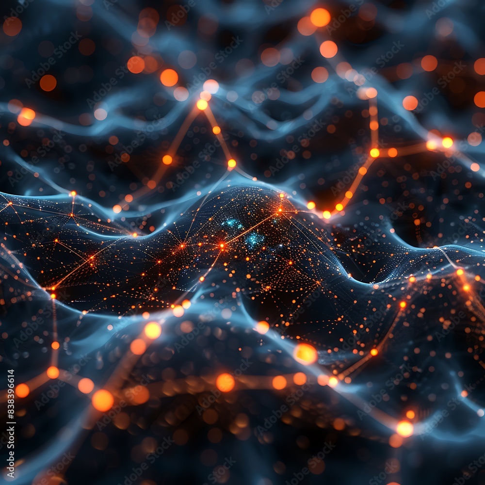 Poster abstract digital network with glowing nodes and connections, depicting a futuristic technology desig