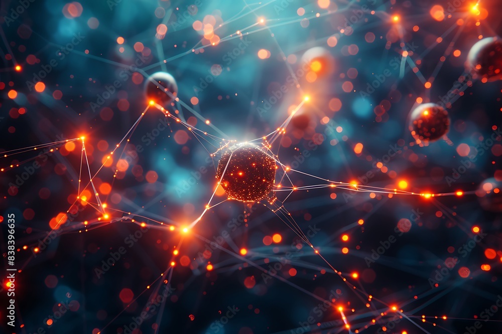 Poster abstract digital network with glowing nodes and connections, representing science, technology, and n