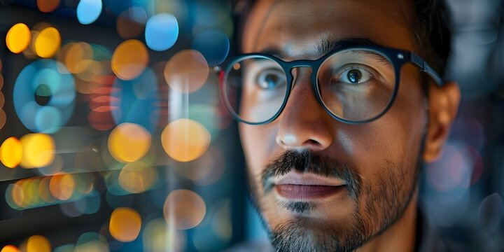 Focused programmer with glasses navigating complex data software networks with determination. Concept Software Development, Data Analysis, Complex Networks, Vision Impairment, Determination