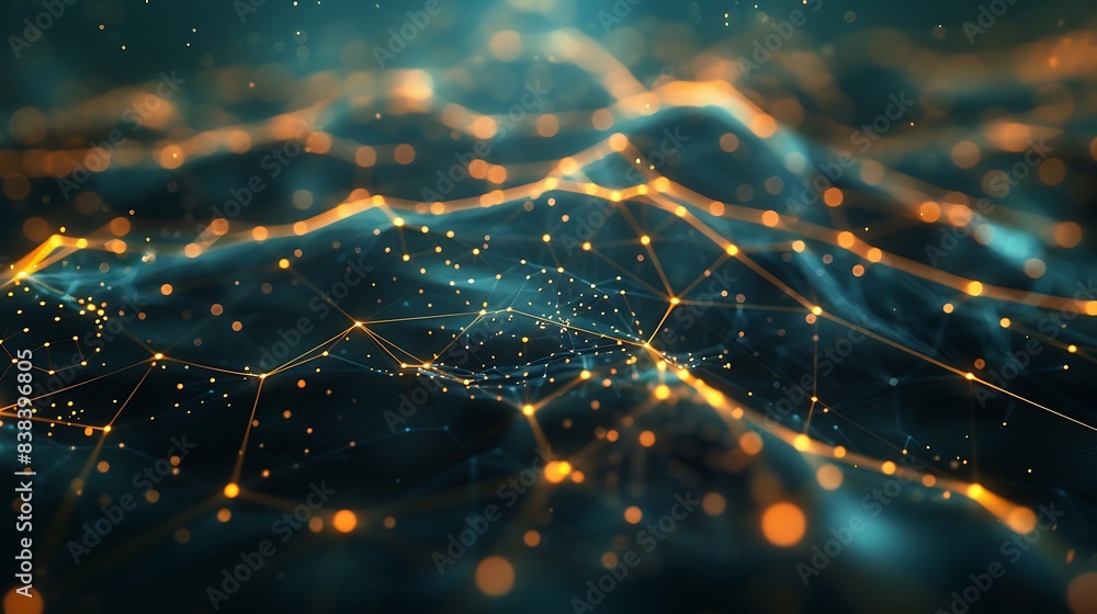 Poster abstract digital network with glowing nodes and lines in blue and orange colors, representing techno