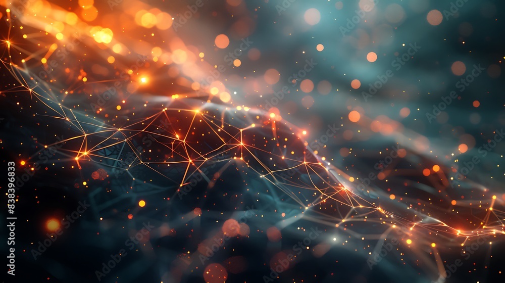 Poster abstract digital network with glowing orange and blue lights representing data and technology on a d