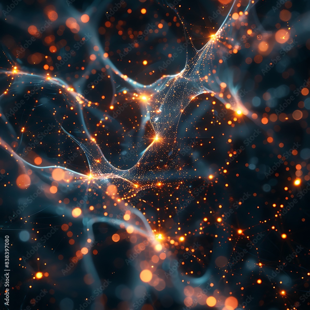 Poster abstract digital network with glowing particles and interconnected lines on a dark background, perfe