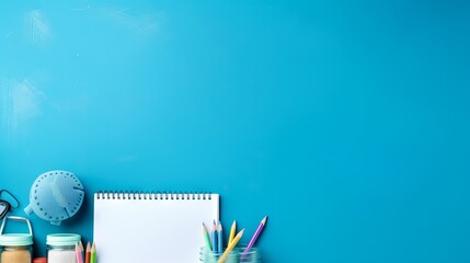 Back to school during pandemic: blue background with school supplies and coronavirus prevention items in bottom border


