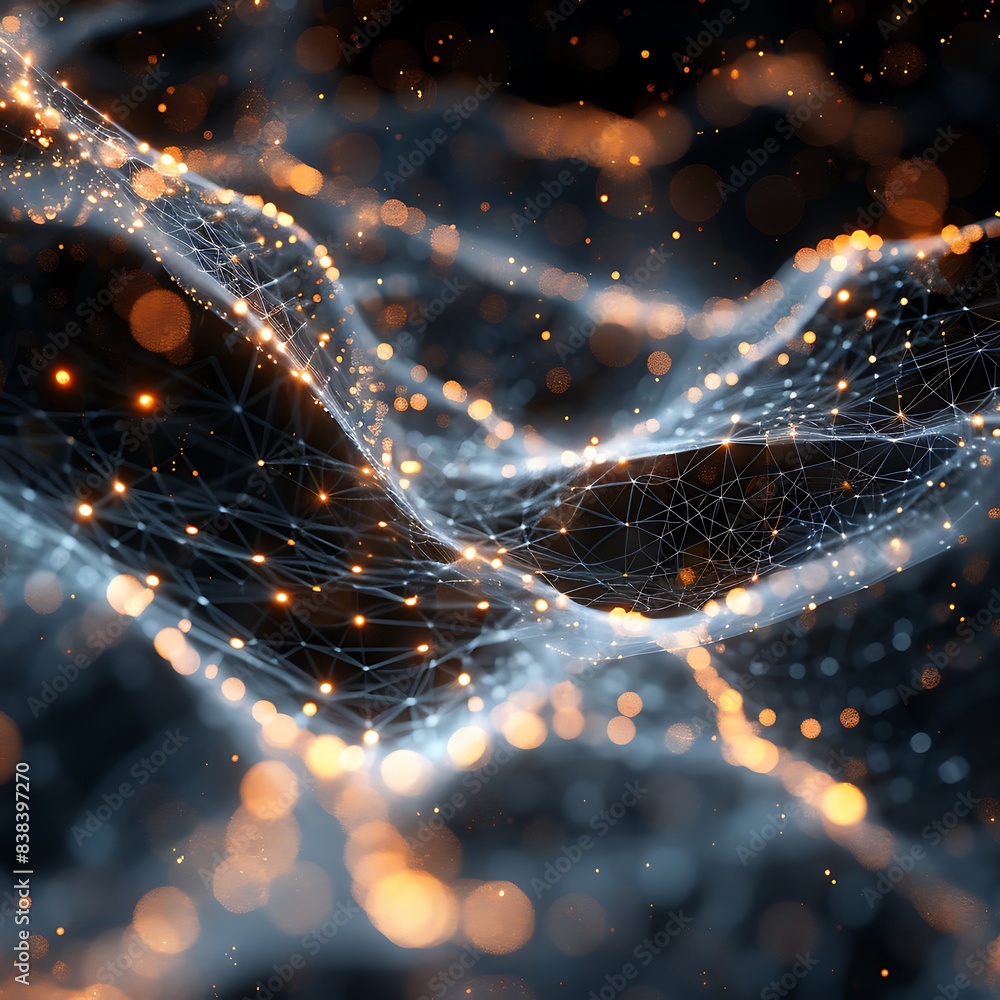 Poster abstract digital network, glowing data nodes and waves of connections on a dark background. futurist