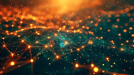 Obraz premium Abstract digital network with luminous nodes, depicting a futuristic technology concept with vibrant orange and blue lights and bokeh effects.