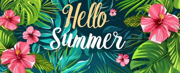A vibrant summer banner with pink flowers and green leaves, featuring the text "Hello Summer" in bold typography against an ocean blue background Generative AI