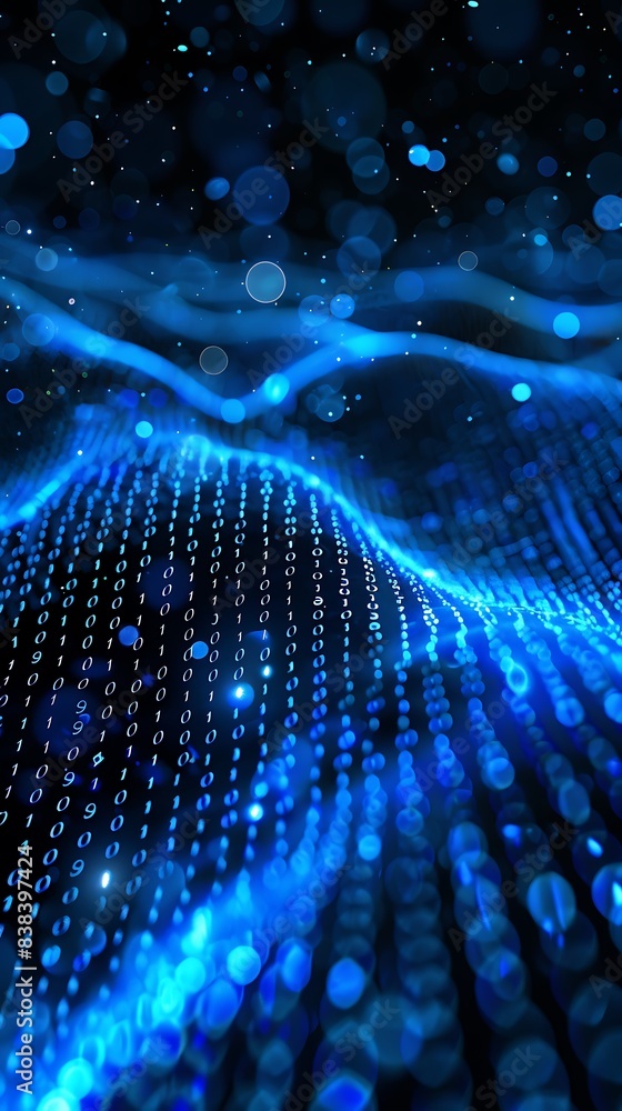 Poster abstract digital wave background with blue glowing lines and particles, representing futuristic tech