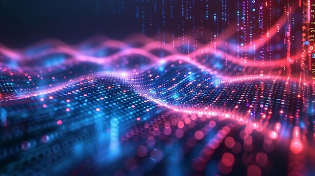 Abstract digital wave background with bright neon lights and binary code patterns, representing data flow and technology. 3D Illustration.